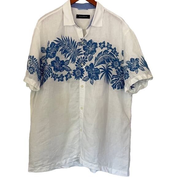 Tommy Bahama Linen Hawaiian White Button Down Short Sleeve Shirt Blue Floral XL - Picture 1 of 14